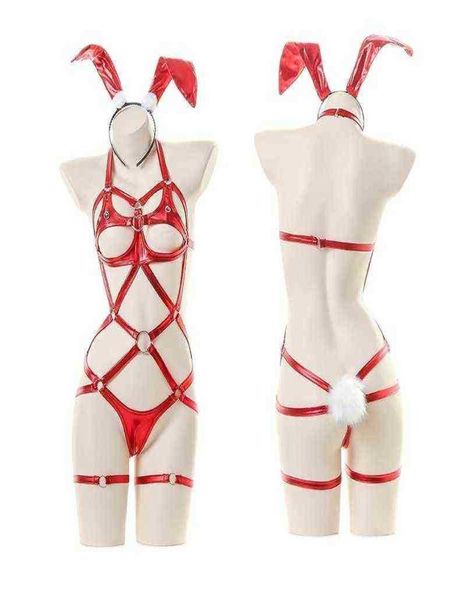 Bühnenkleidung Frauen Rot Weihnachten Kaninchen Cosplay Anzug Sexy Bandage Dessous Kunstleder Latex Bunny Girl Hollow Out Lackleder B6548188