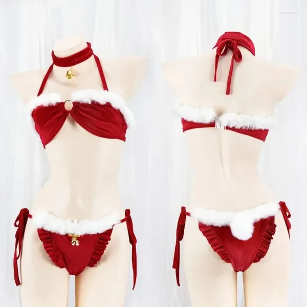 Set di reggiseni Set di biancheria intima rossa di Natale Set di donne sexy a tre punti Lingerie Bikini Halter Neck Peluche erotico Love Live Costume cosplay 2024