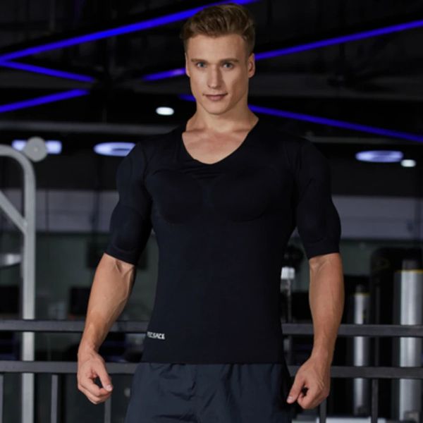 Männer Fake ABS Muskeln Shaper Unsichtbare 8er Pack PEC Unterwäsche Gepolsterte Shirts Starke Brust Bauch Body Tops 240306