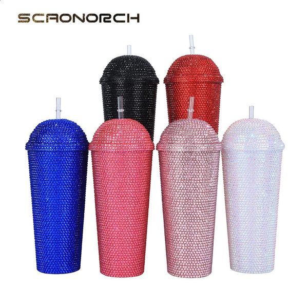 Scaonorch grande capacidade strass caneca de café copos parede dupla plástico tumbler com tampa com palha bling diamante garrafa de água 240327