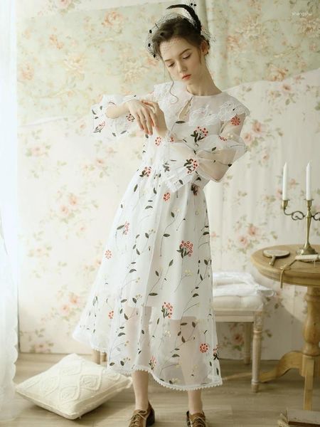 Vestidos casuais liberação lynette's chinoiserie primavera outono mulheres bonito organza magro flor bordado