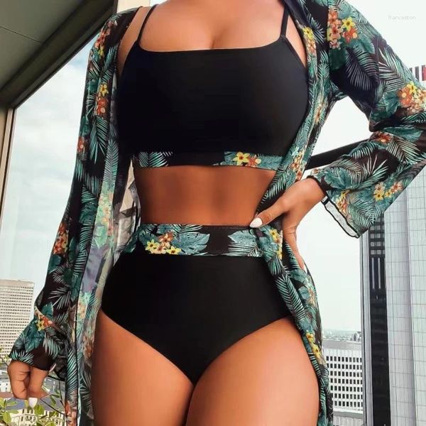 Maiô feminino dividido com gaze conjunto de três peças de cintura alta conservador estampado leve biquíni de praia