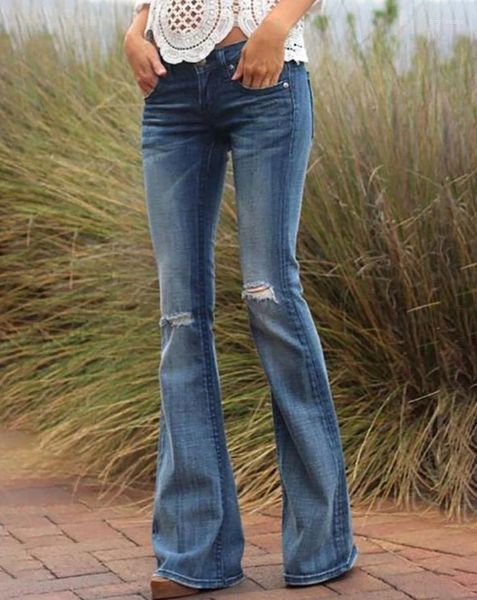 Damen-Jeans, 2024, Frühlingsmode, zerrissenes Taschen-Design, lässig, schlicht, täglich, lang, niedrig tailliert, ausgestellt, Y2K-Streetwear