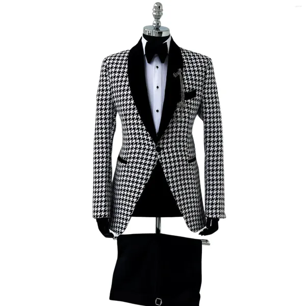 Ternos masculinos houndstooth terno para homens 3 peças blazer com lapela de veludo 1 botão grande e alto jaqueta colete calças formal negócios roupas masculinas