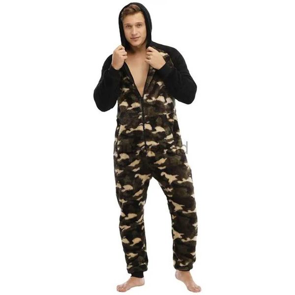 Moletons masculinos com capuz camuflagem impressão macacão puro outono inverno sólido casual macacão pijamas zíper manga longa flanela pijama macacão 24318