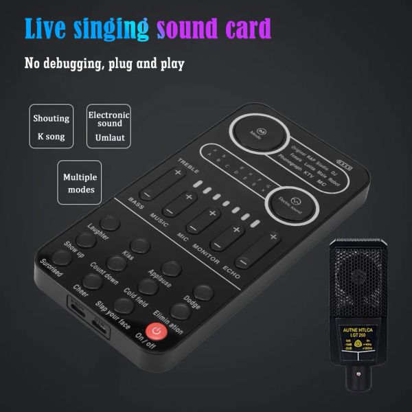 Microfones Universal Voice Changer Mini Sound Card múltiplo Efeitos sonoros portátil Live Broadcast Voice Modulator Card com microfone