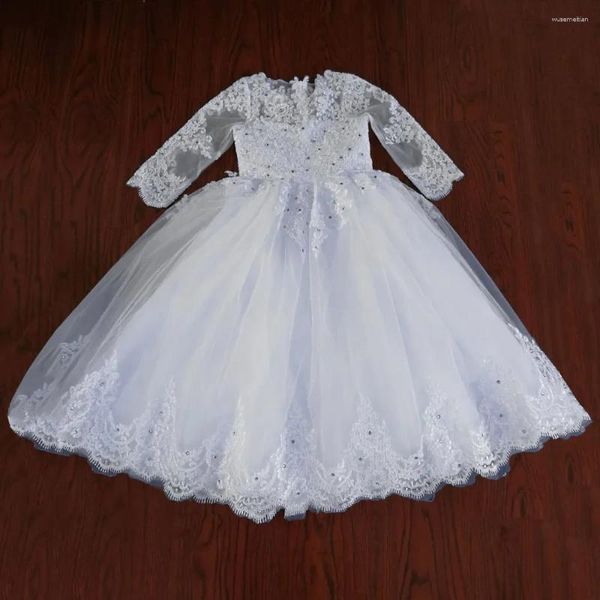 Mädchenkleider mit echten abgebildeten Blumen für Hochzeit, Paillettenapplikationen, Prinzessin-Erstkommunionkleid, Kleinkind-Party-Ballkleid mit vollen Ärmeln