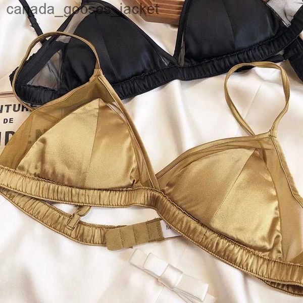 Reggiseni Sexy coppa triangolare in seta lberry senza anello in acciaio reggiseno in seta a rete cava in raso seni grandi mostrano piccola biancheria intimaC24318