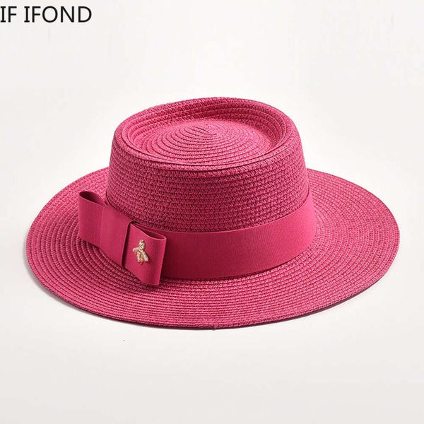 NOVA Primavera Verão Chapéus de Palha para Mulheres Rodada Superfície Acidentada Flat Top Bowknot Vestido Cap Viagem Praia Chapéu de Sol Gorra