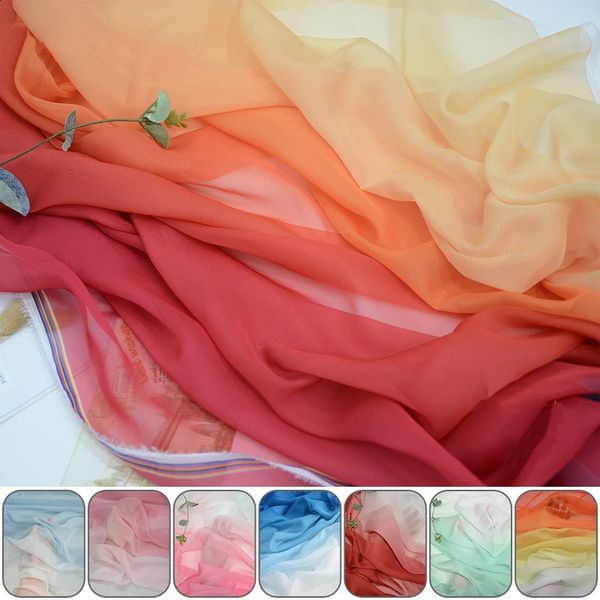 1/2/3/5m arco-íris gradiente cor fina chiffon tecido organza tule tecido para diy estilo antigo hanfu vestido palco traje decoração 240309