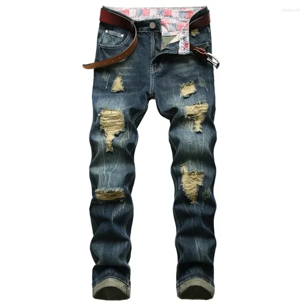 Jeans masculinos outono rasgado hombre de alta qualidade algodão em linha reta calças jeans casual azul escuro nostálgico angustiado cowboys calças