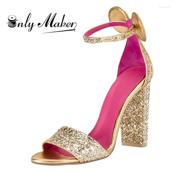 Sandálias Onlymaker Mulheres Golden Glitter Salto Grosso Lantejoulas 12cm Salto Quadrado Ankle Strap Moda Verão