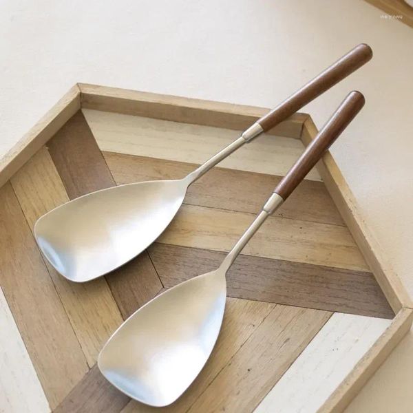 Conjuntos de louças Vintage Walnut Rice Shovel Talheres 304 Aço Inoxidável Sheng Colher El Restaurante Grande Refeição