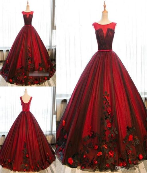 Черно-красное бальное платье Платья Quinceanera Тюль Sweet 16 на шнуровке с 3D цветами Вечерние платья для выпускного вечера Платья для особых случаев7797864