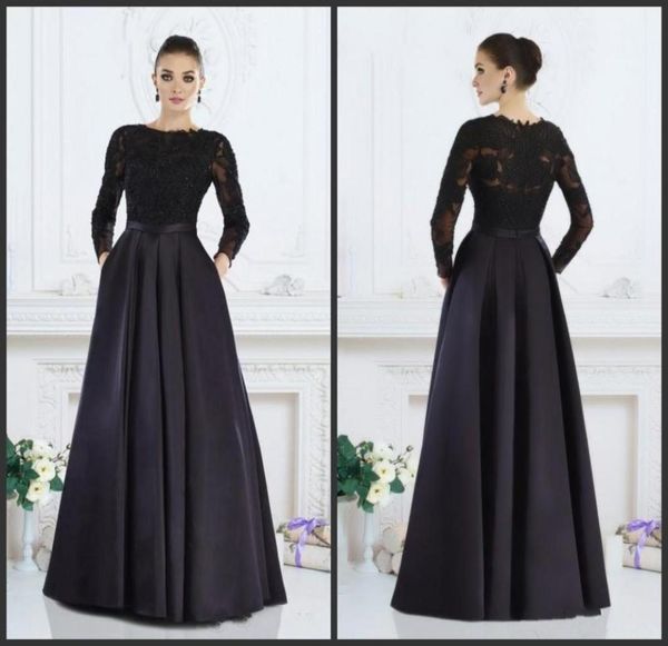 Schwarze Kleider für die Brautmutter mit Taschen, Spitze, langen Ärmeln, elegante Abendparty-Kleider, A-Linie, Satin, günstiges Kleid, formelle Gelegenheiten9872272