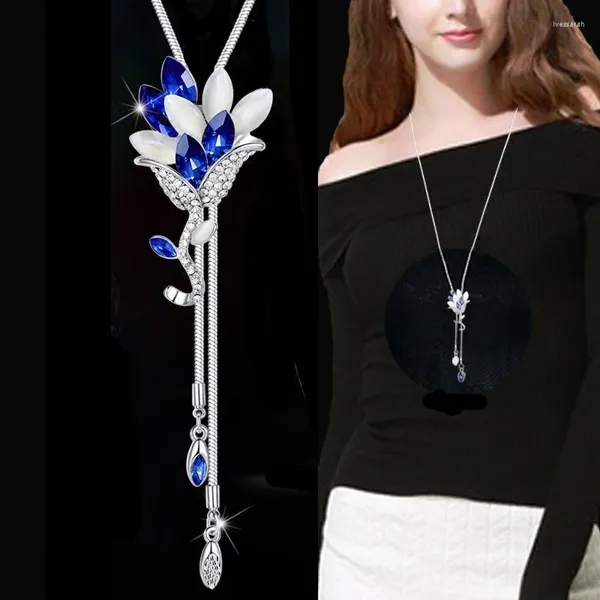 Anhänger Halsketten Meyfflin Collier Femme Blume Kristall Lange Anhänger Vintage Kette Opal Blatt Maxi Halskette Modeschmuck Für Frauen