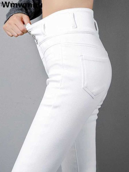 Calças de brim femininas cintura alta botão voar branco lápis jeans feminino preto tamanho grande 5xl magro denim leggings calças tornozelo-comprimento estiramento vaqueros newc24318