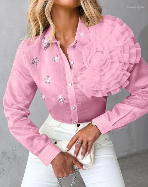 Camisas femininas moda blusas 2024 outono rosa detalhe strass turn-down colarinho topo casual manga longa feminino versátil pulôver
