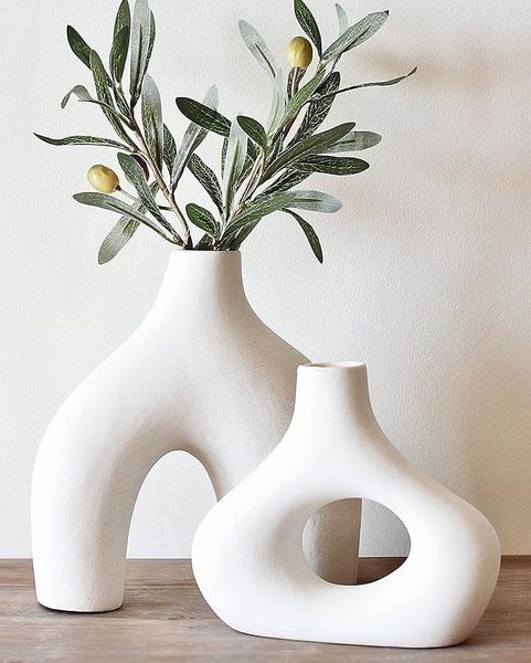 Vaso a ciambella Carrot's Den, set di 2 - Decorazione minimalista nordica per vaso a ciambella cava in ceramica bianca |Centrotavola, Pianta d'Ulivo, Matrimonio, Soggiorno, Libreria, Ufficio