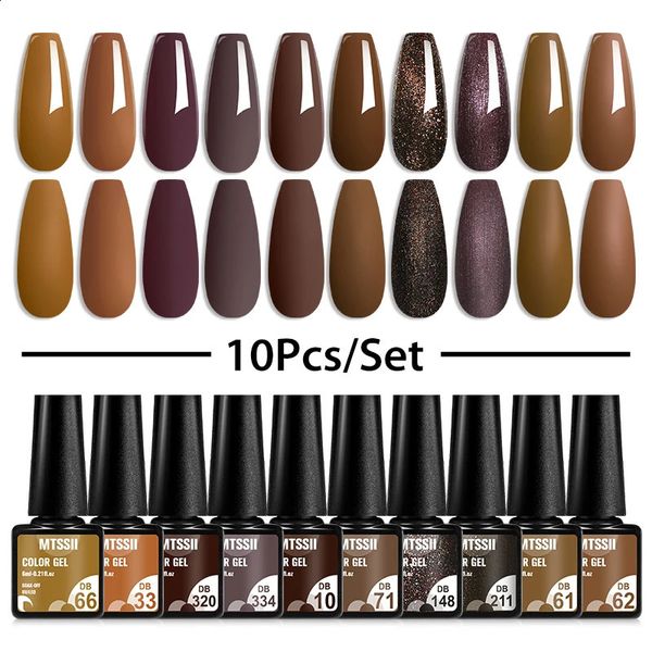 10 pçs cor de café gel unha polonês conjunto marrom terra semi permanente uv chocolate outono inverno embeber fora verniz arte 240313