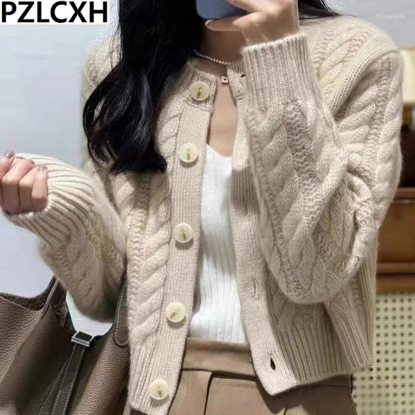 Malhas femininas 2024 preguiçoso curto lã malha camisola casaco grosso puro cashmere cardigan em torno do pescoço bege torção solta