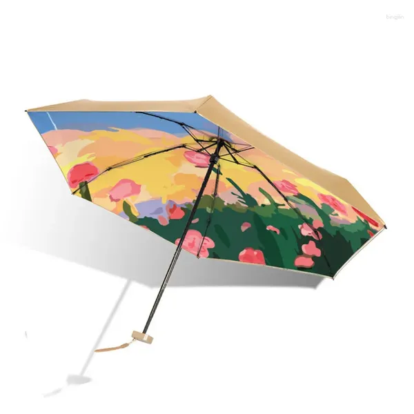 Ombrelli Pittura a olio ultraleggera Ombrello parasole dipinto Mini portatile da donna addensato Colla dorata Tasca per protezione solare