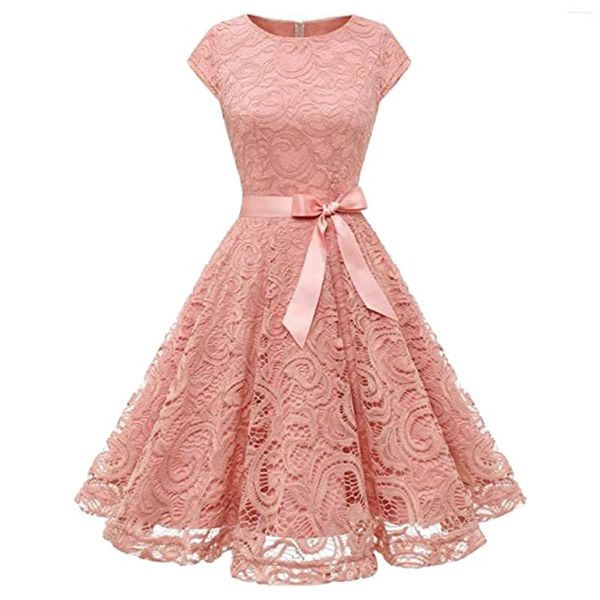 Повседневные платья, женские винтажные розовые кружевные цветы, вечернее платье для выпускного вечера, элегантное полое платье с коротким рукавом для свадебной вечеринки, коктейльное платье