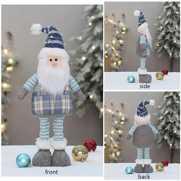 Decorações de natal bonito azul boneca de pelúcia santa boneco de neve decoração em pé postura artesanal ornamentos retrátil perna longa