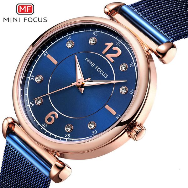 MINI FOCUS Novo relógio feminino de venda quente em malha de metal à prova d'água com brilho incrustado de diamante 0177L