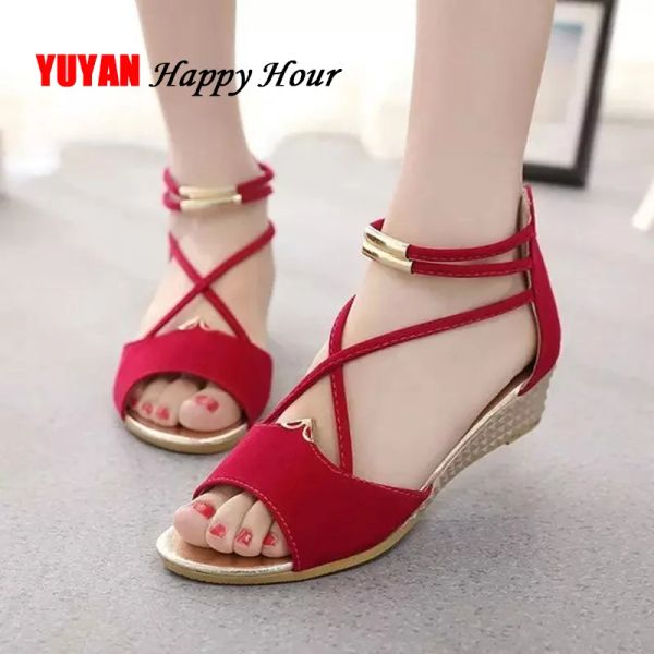 Sandalen peepe Zehen Sandalen Frauen Sommerschuhe Frauen Keile Sandalen Mode Sommer Damen Keilschuhe Frau Sandale schwarz rot blau yx679