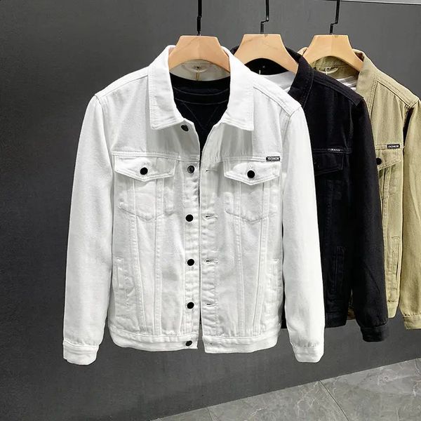 Roupas masculinas primavera e outono casual curto branco denim jaqueta coreano allmatch tendência carga jeans jaquetas para homem 240311