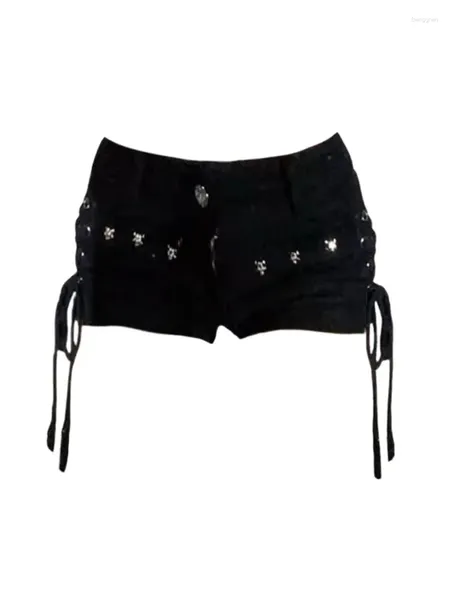 Damen Jeans Mode Sexy Niet Denim Shorts E-Girl Streetwear Schwarz Mini Casual Gyaru Club Hosen Kreuz Verband Y2K