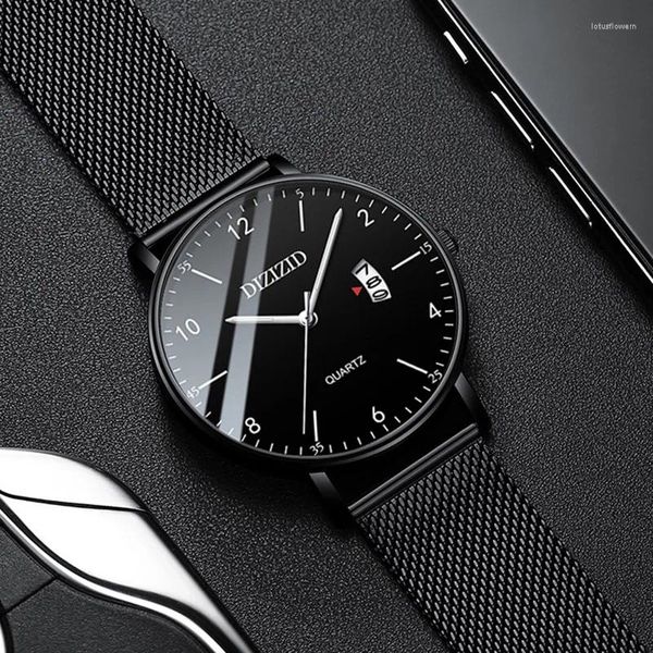 Relógios de pulso ultra-fino estudante relógio de quartzo simples moda pulseira de couro malha cinto calendário relógios masculinos montre homme