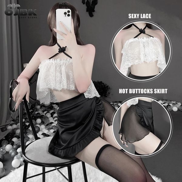 OJBK Donne Sexy Lingerie Segretario Backless Uniforme Cosplay Esotico Office Lady Trasparente Lace Halter Top Outfit Mini Gonna 240311