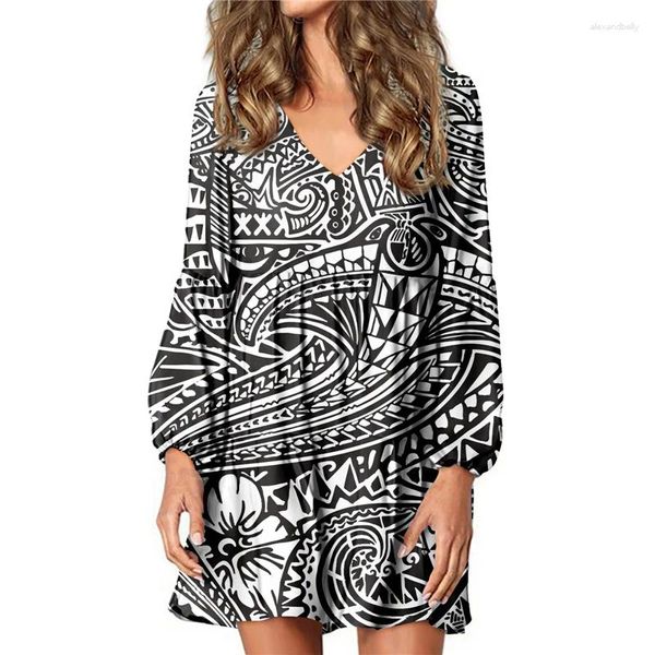 Lässige Kleider Hycool Polynesian Tribal Print Vintage Damen Laterne Ärmel Home Schwarzes Kleid Sexy V-Ausschnitt Falte Lose für Schwangere