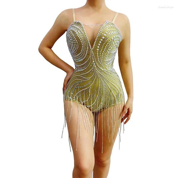 Abbigliamento da palco Perle scintillanti sexy Strass Frange Body Performance Spettacolo di danza Body Compleanno Vestito Party Club Cantante Ballerino Costume