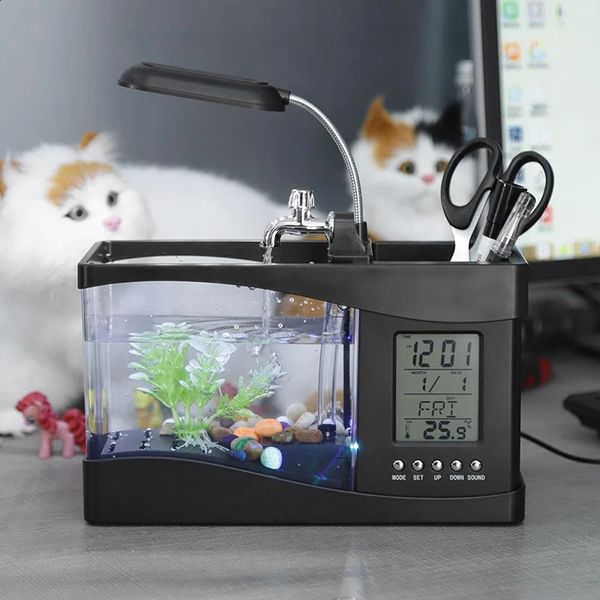 Usb desktop mini aquário tanque de peixes beta aquário com luz led tela lcd e relógio decoração do tanque de peixes com seixos 240314