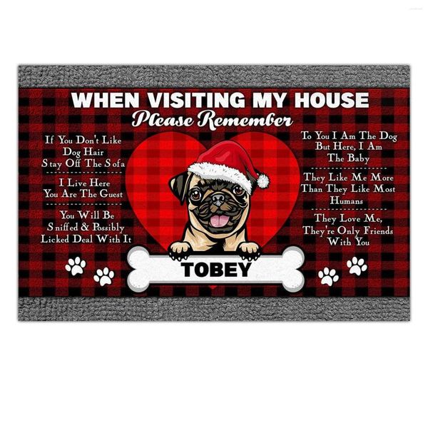 Tapetes HX Natal Pug Tapete de boas-vindas Nome personalizado ao visitar minha casa Impressão Flanela Tapetes Xmas Home Decor Drop