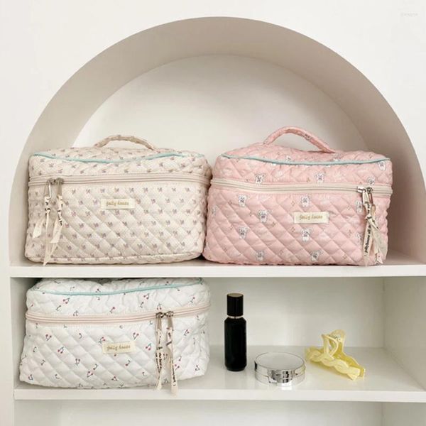 Sacos cosméticos coreano bonito saco de higiene portátil zíper compõem bolsa acolchoada bolsa de embreagem grande capacidade impressão floral para senhoras menina