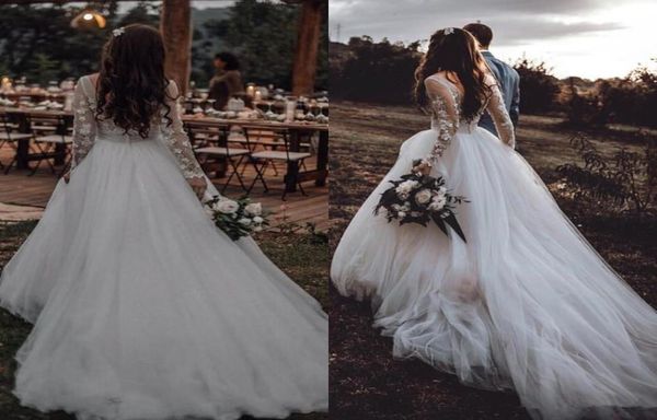 2020 Country V Backless 3D Fiori floreali Abiti da sposa Abito da sposa Illusion Maniche lunghe Principessa Una linea Economici Matrimonio lungo Gow5091945