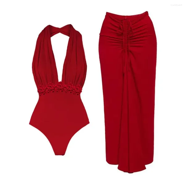 Costumi da bagno donna Fiore rosso Costume intero con cover up Costume da bagno di tendenza 2024 Biquini sexy Donna di lusso Gita in spiaggia Tuta Bathsui