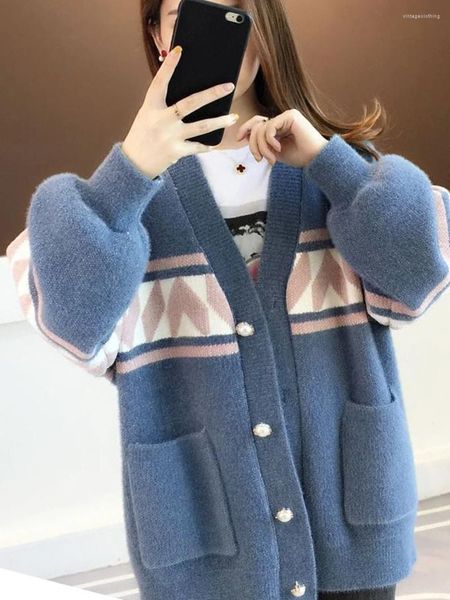 Malhas femininas 2024 edição coreana outono/inverno chenille vison camisola casaco de malha cardigan engrossado grande topo moda feminina