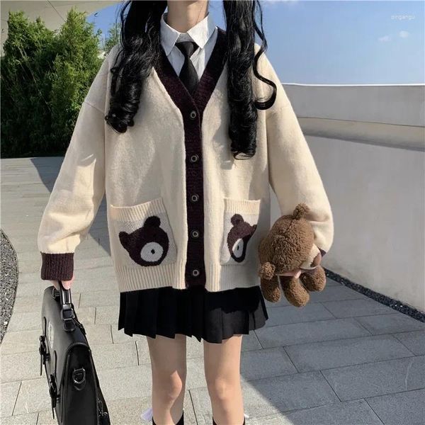 Malhas femininas kawaii camisola feminina y2k 2024 outono japonês jk uniforme escolar doce preppy urso bonito dos desenhos animados cardigan suéteres impressão