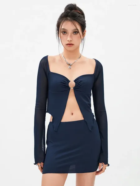 Arbeitskleider Damen 2-teiliges Rock-Set Sommer Y2k Langarm vorne offener Ring ausgehöhlte geraffte Oberteile niedrige Taille eng anliegendes Mini-Outfit