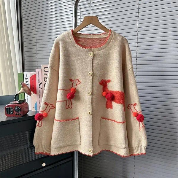 Malhas femininas 2024 primavera 3d artesanal dos desenhos animados elk malha cardigans casaco feminino suéteres cinza roupas de marca vintage roupas