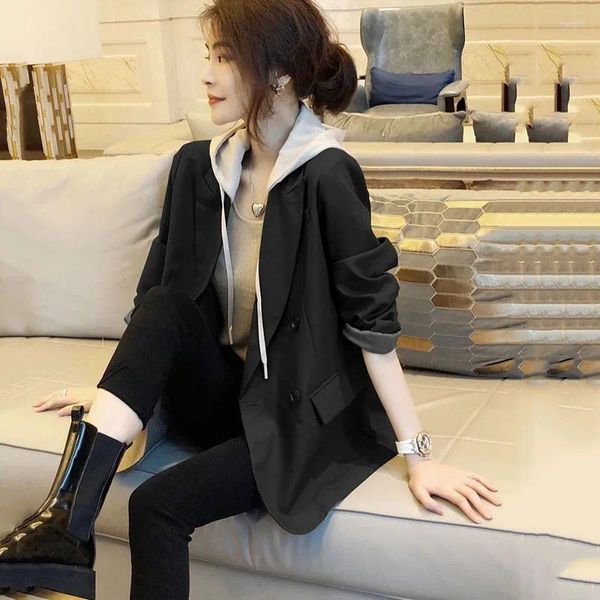 Ternos femininos preto terno feminino jaqueta primavera outono 2024 moda coreano manga longa com capuz fino blazer feminino casaco casual senhora do escritório topos