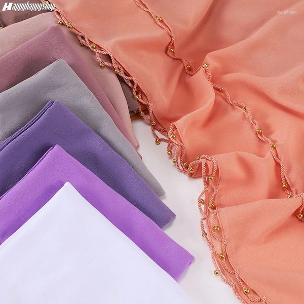 Schals 2024 Frauen Chiffon Schal mit Goldperlen Malaysischer Stil Langes Kopftuch Wraps Muslim Islamischer Hijab Turban Bandanas Arabische Shayla