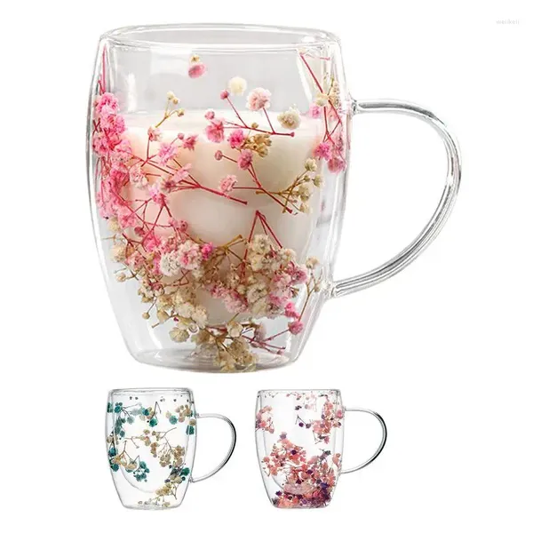 Tassen, getrocknete Blumen, doppelwandige Glastasse, isolierte Kaffeetasse, dekorative Blumen-Espresso-Trinkgeschirr, Geschenk