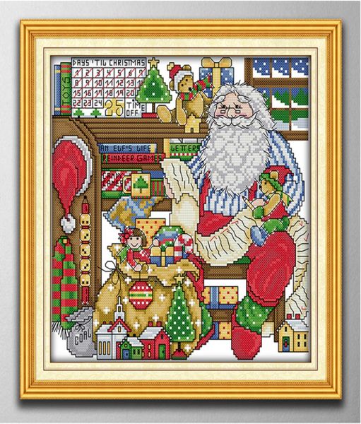 La stanza di lavoro di Babbo Natale decori dipinti fatti a mano punto croce strumenti artigianali ricamo set di cucito contati stampa su can4986695