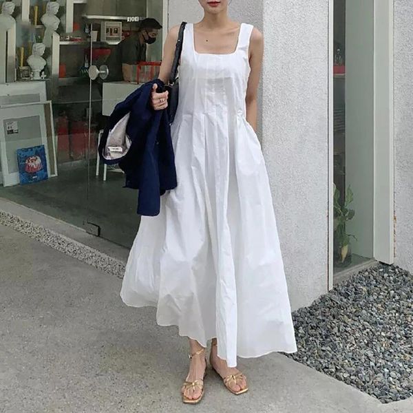 Vestidos casuais 2024 elegante pescoço quadrado sem mangas vestido longo coreano chique kaftan plissado midi para mulheres festa branco vestidos